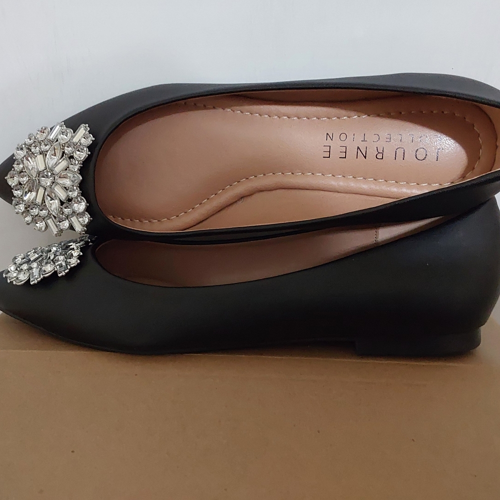 Journee Collection Black Jewel-Embellished Pointed Ballet Flats